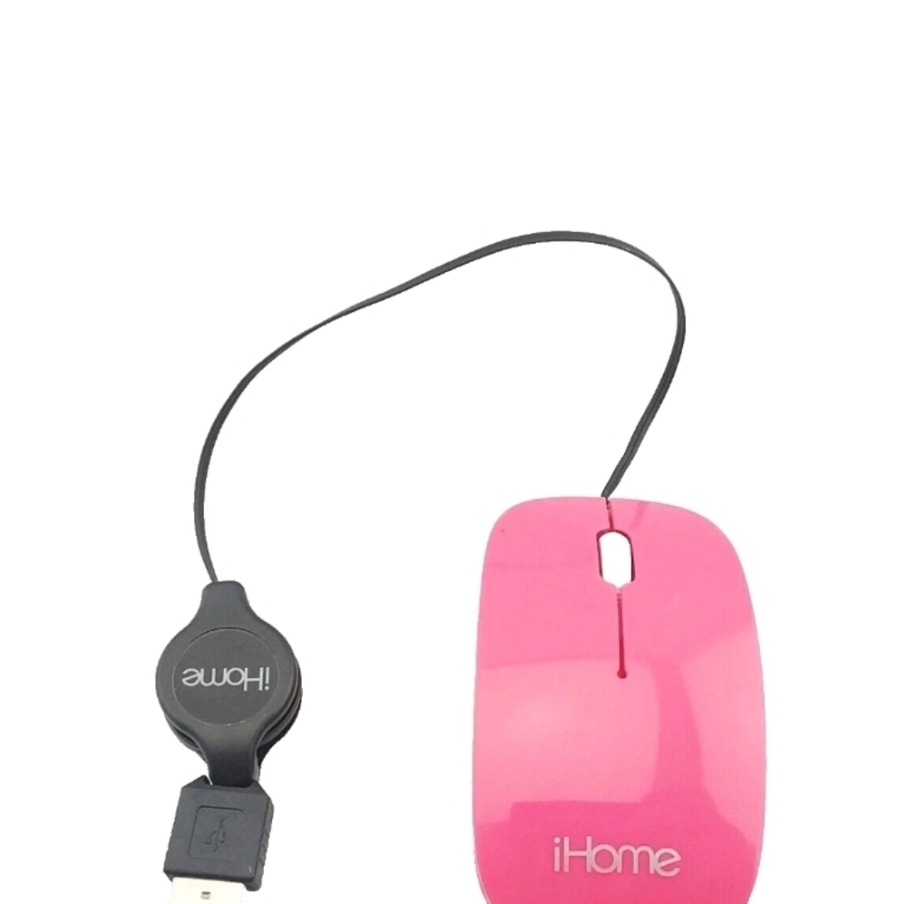 iHome Retractable Stowable Adjustable USB Wired PINK Travel Mini Mouse ih-m325